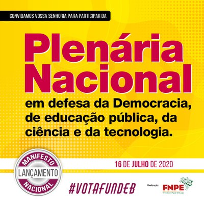 Folder amarelo com letras vermelhas indicando o texto "Plenária Nacional em Defesa da Democracia, da Educação Pública, da Ciência e da Tecnologia"